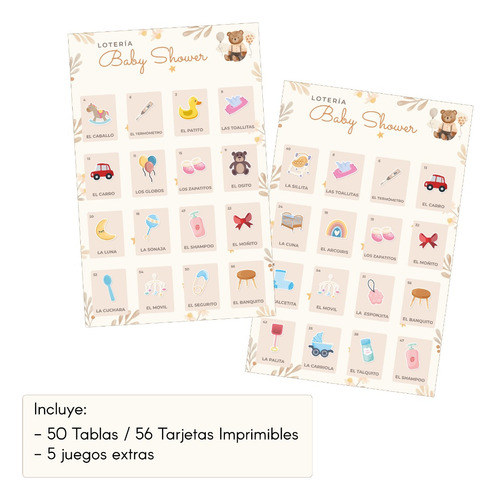 Imprimible Loteria Baby Shower 50 Tablas Formato Pdf
