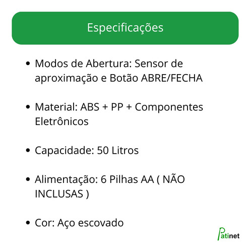 Lixeira Retangular Automática 50l Aço Inox C/ Sensor E Botão