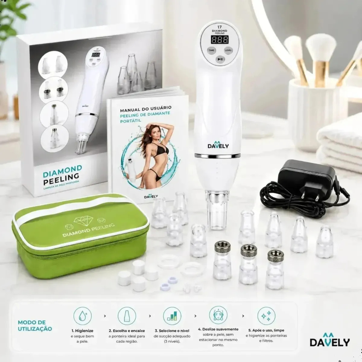 Peeling de Diamante Portatil a Vacuo Dermoabrasão Sucção Bivolt Vácuo Limpeza Pele Profunda Limpeza Pele Profissional Cravos Acena Poros Dilatados Oleosidade Limpeza Profunda Davel