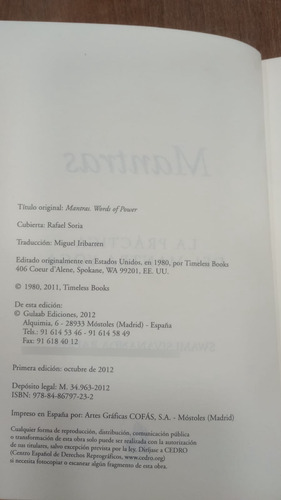 Libro Mantras Sivananda Radha Gulaab 1980 (Usado)