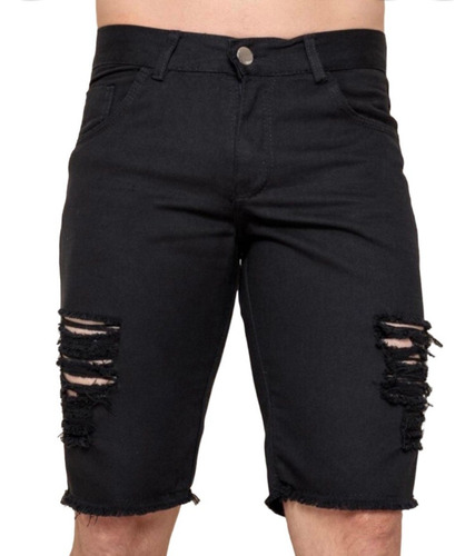 Bermuda Jeans Masculina Preta Rasgada Sem Lycra 