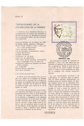 Hoja Carnet Primer Dia Padre Eusebio Kino Sonora  1987