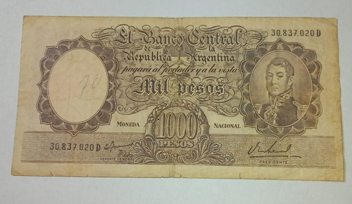 Billete Argentina 1000 Pesos Moneda Nacional - 1968 V.f.