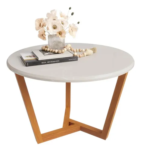 Mesa De Centro Redonda Sala Lateral Canto Pés Madeira ​Off White Doce Morada Móveis