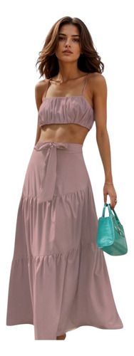 Conjunto Dos Piezas Crop Top Tirante Con Falda Larga Mujer