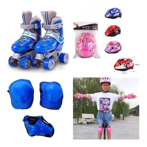 Patines 4 Ruedas Ajustable + Set De Protección Con Casco