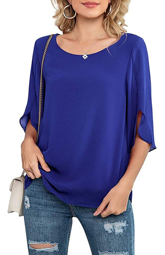 Blusa De Gasa Con Cuello Redondo Y Manga 3/4 For Mujer