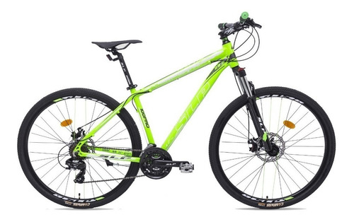 Mountain bike SLP 100 pro R29 20 21v frenos de disco mecánico cambios Shimano Tourney TY500 y Shimano Tourney TY300 color verde con pie de apoyo  