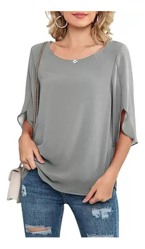 Blusa De Gasa Holgada De Manga 3/4 Casual Para Mujer