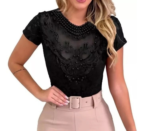 Blusa Body Manga Curta Renda Guipir Pérolas Feminino