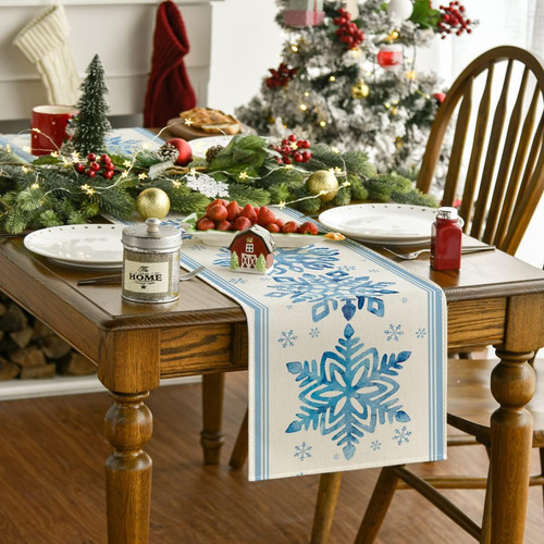 Camino De Mesa Con Diseño De Copos De Nieve 13 X 108 Inch Blue Navidad