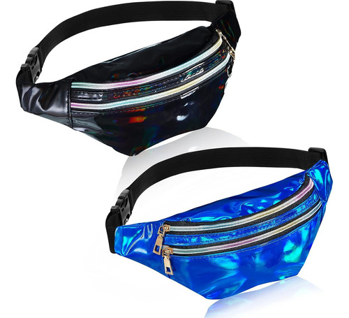 Cangurera Holográfica De Color Metálico, 2 Color Negro Y Azul Diseño De La Tela Metalico