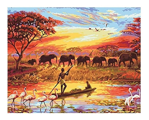 Imagen 1 de 2 de Lienzo Pinta Por Números Elefantes Al Atardecer Educar 