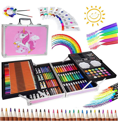 Kit Artístico Profesional 145 Piezas Colores Y Lápices Rosa