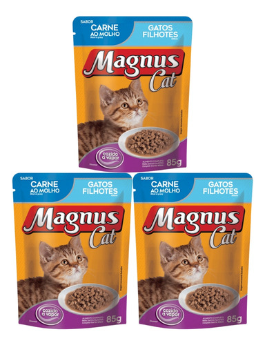 Kit 3un Sachê Magnus Cat Para Gato Filhote Carne 85g