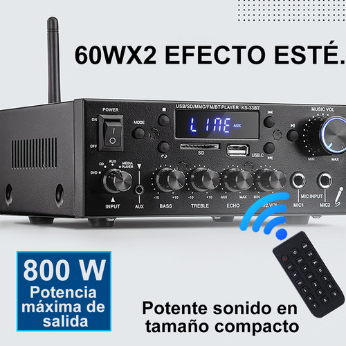 Amplificador Bluetooth Para Bocinas Audio 2 Canales Para Automóvil Y Hogar Alta Potencia Entrada Multimodo Calidad De Sonido Hifi Alta Fidelidad Con 2 Tomas De Micrófono Con Función Eco