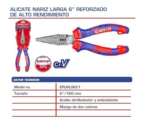 Imagen 2 de 3 de Alicate Nariz Larga 6 Reforzado De Alto Rendimiento