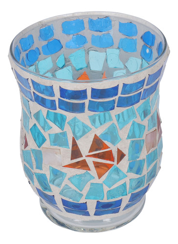 Portavelas En Mosaico De Vidrio Azul Hecho A Mano De Estilo