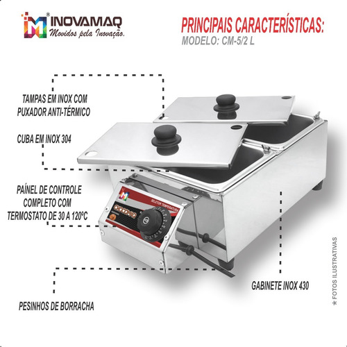 Imagem 3 de 6 de Derretedeira De Chocolate - 2 Cubas 2,5l Inox - Inovamaq