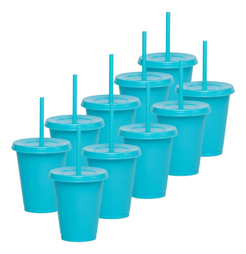 200 Vasos Reusables Con Popote Para Bebida Fría Mini 16 Oz Color Azul Turquesa