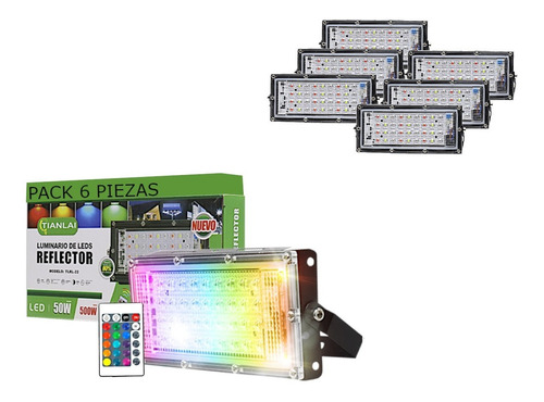 Reflector Led 50w/500w Rgb Control Remoto Exterior 6 Piezas