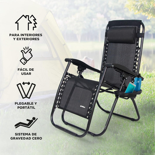 Silla Reclinable Hikeo Con Posavasos Y Cojín Acolchado Negro