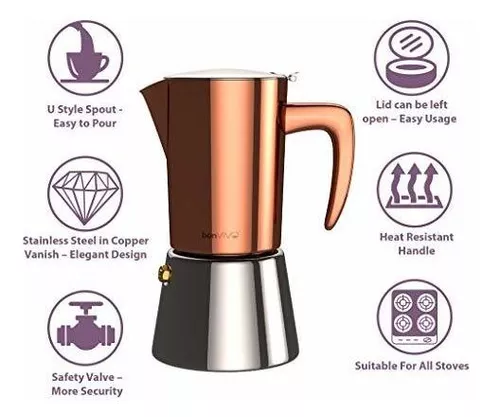 bonVIVO Intenca - Cafetera espresso para estufa, lujosa cafetera italiana  de acero inoxidable para campamento o uso doméstico, hace 2 tazas de café