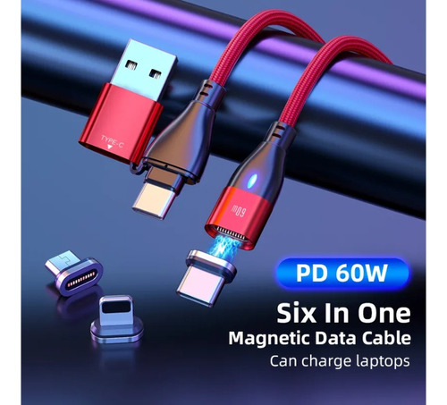 Imagen 5 de 6 de Cable Cargador Superapida Para iPhone Micro 6 En 1 Magnetico