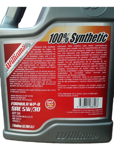 Aceite Lubricante Williams 5w30 Api Sn /cf Synthetic 4l