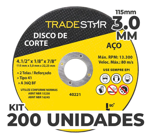 Kit Com 200 Disco De Corte Metal 115x3,0 Mm Furo 22/23 Mm
