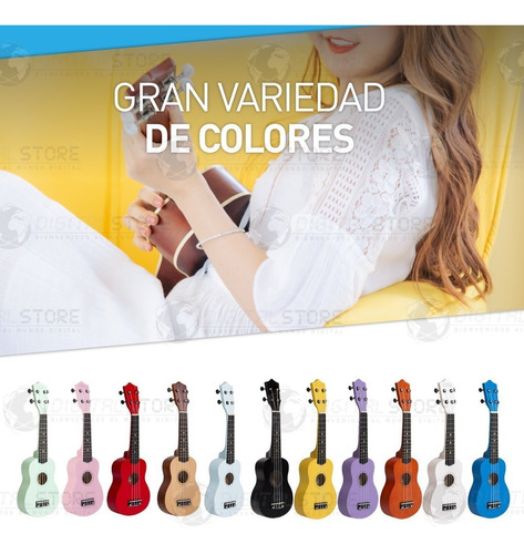 Ukelele Soprano De Madera + Funda + Cuerda + Pua + Colores