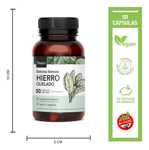 Hierro Quelado Natier 50caps Anemia Y Sistema Inmune Natural