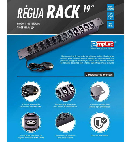 Imagem 2 de 4 de Régua Rack Padrão 19 Polegadas Bivolt 12 Tomada 20a Metalico