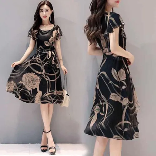 . Vestido Elegante Estampado De Gasa Sin Mangas Con Volantes