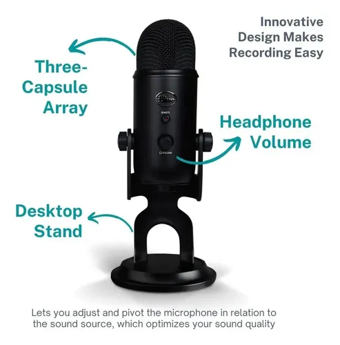 Microfone Blue Yeti Blackout Com Pacote Knox Boom Arm Stand