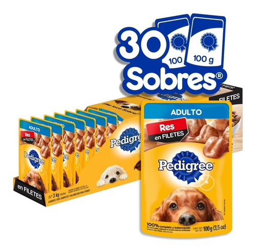 Imagen 1 de 5 de Pedigree, Alimento Perros Adultos, Res, 30 Sobres, 100g C/u