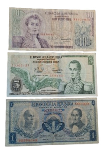 Colombia X 3 Billetes Incluye 5 Pesos Oro 1980. Usados !!!!