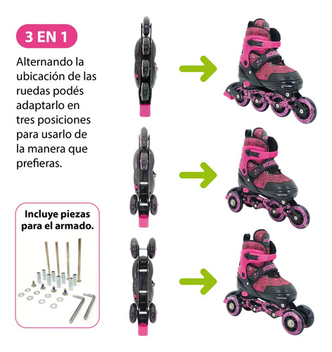Rollers Patin Extensibles 3 En 1 Kossok Onyx + Protecciones L 38-42 7 Cm Negro Fucsia 950