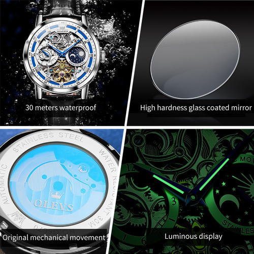 Relojes Luminosos Olevs Automatic Skeleton Para Hombre Color Del Bisel Silver/blue