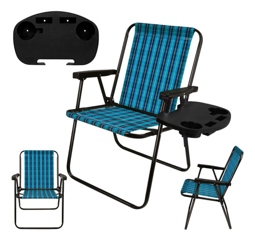 Kit 2 Cadeiras Praia Dobravel Xadrez Azul + 2 Mesas Portátil