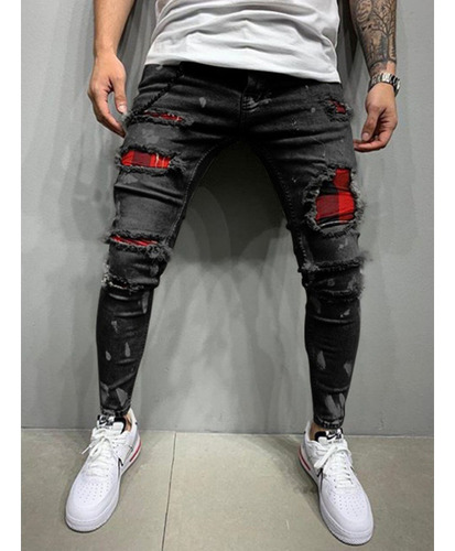 Jeans Ajustados Rasgados Para Hombres Moda Callejera Retro