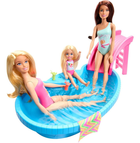 Muñeca Barbie Rubia En Traje De Baño Rosa Con Piscina