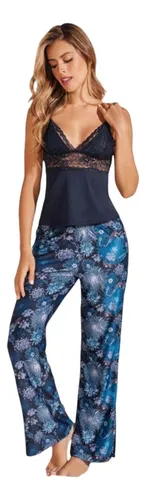 Pijama De Tiras Con Encaje Y Pantalon Largo Con Abertura