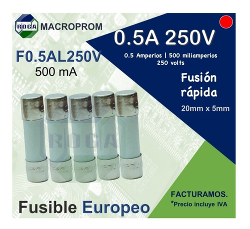 5pz Fusible Europeo Cerámico 0.5a 250v | 500ma | Fast Blow