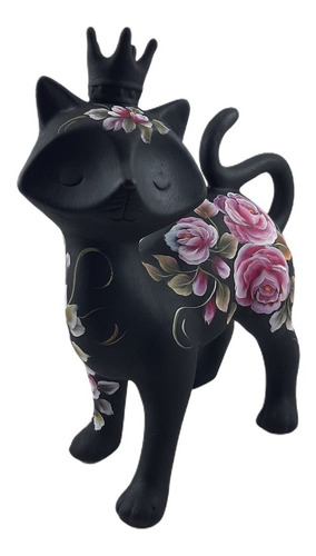 Figura Cerámica  Gato Corona Decoración Negro
