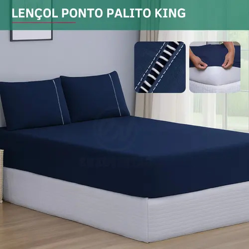 Jogo De Lençol King 3 Peças Micropercal 400 Fios C/ Fronha Ponto Palito Lençol Elástico Macio Resistente Cor Azul Marinho Premium