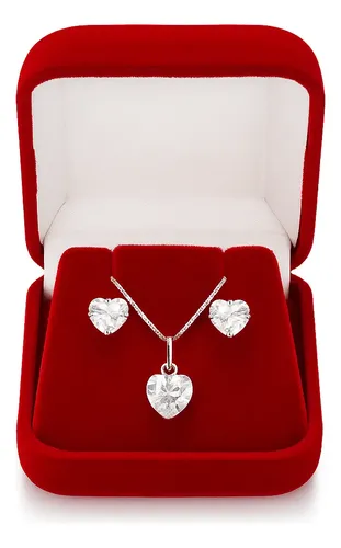 Colar Prata 925 Legítima + Brincos Feminino Coração Zircônia