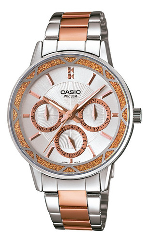 Reloj pulsera Casio Reloj LTP-2087RG-7AVDF, para mujer, fondo blanco, con correa de acero inoxidable color plateado y bicolor