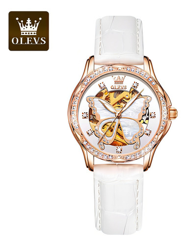 Reloj Mecánico Impermeable De Cerámica Para Mujer Olevs Color De La Correa Leather/white
