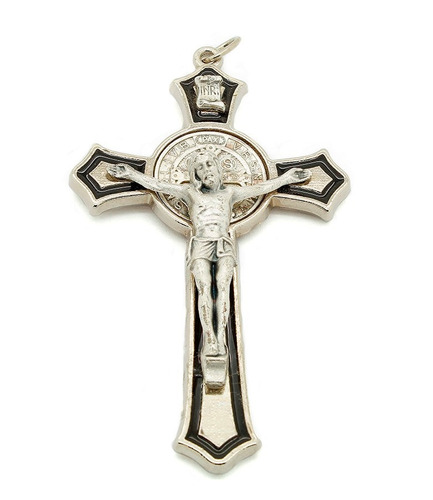 Imagem 1 de 4 de Crucifixo São Bento Prateado - Detalhe Em Resina Preto
